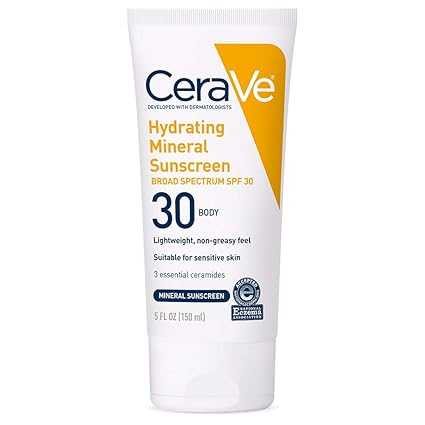 CeraVe Hydrating Mineral Sunscreen SPF 30 | 100% Mineral Body Lotion with Zinc Oxide & Titanium Dioxide | 5 oz